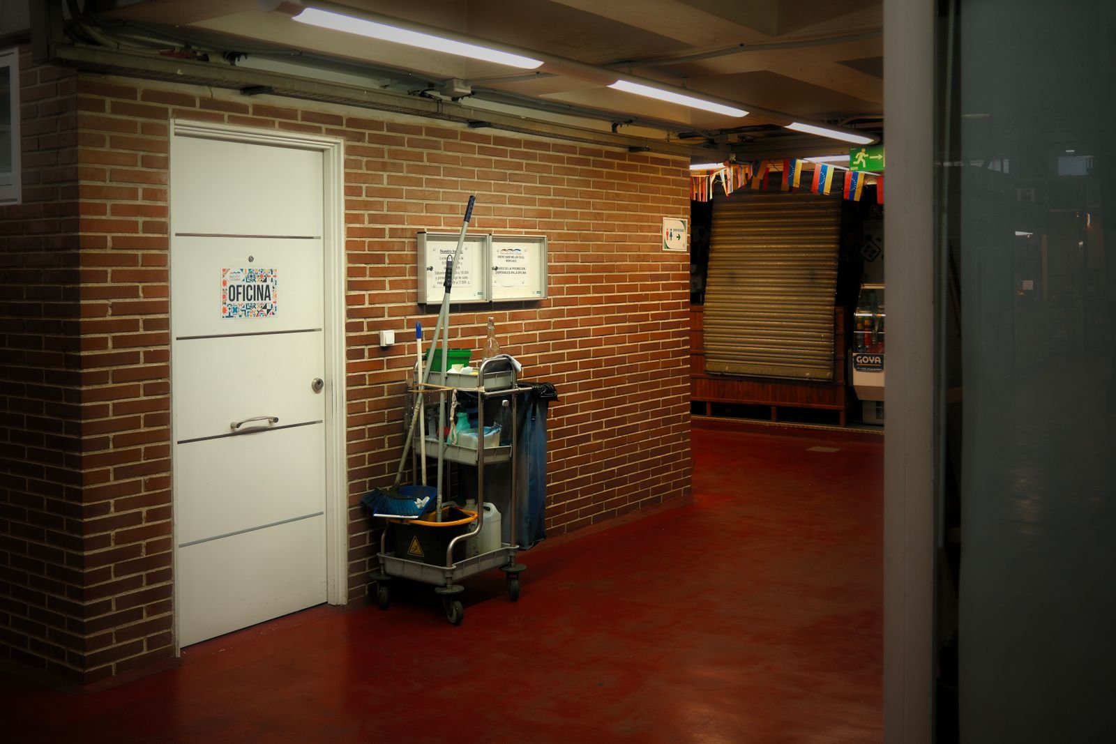 Janitorial cart in the hallway of a commercial building